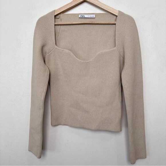 Zara Womens Large Square Neck Ribbed Wool Sweater In Tan Color - Picture 2 of 14